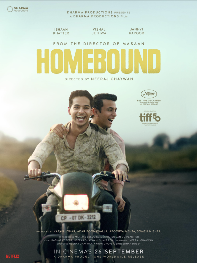 Film poster of Homebound, a drama exploring identity, belonging, and caste.